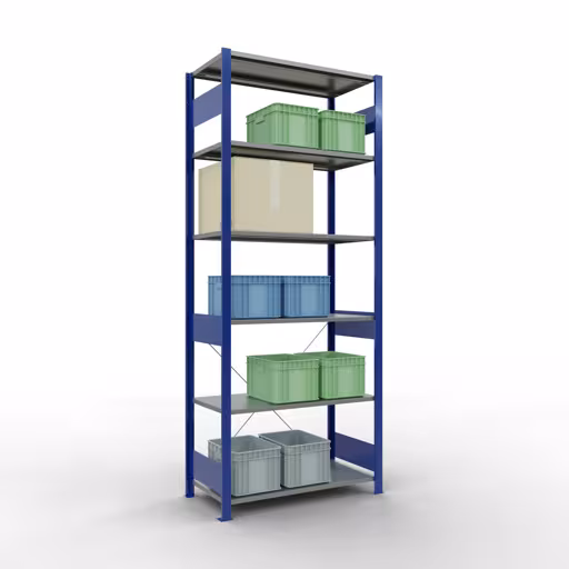 Zusatzbild des Artikels Grundregal, Fachbodenregal Stecksystem MULTIplus150, 2500 x 1000 x 500 mm (HxBxT), 6 Fachböden, Kreuzstrebe, RAL 5010/verzinkt Zusatzbild des Artikels Grundregal, Fachbodenregal Stecksystem MULTIplus150, 2500 x 1000 x 500 mm (HxBxT), 6 Fachböden, Kreuzstrebe, RAL 5010/verzinkt aus Grundregal