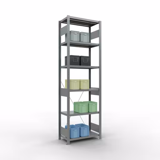 Andere Ansicht des Artikels Grundregal, Fachbodenregal Stecksystem MULTIplus250, 2500 x 750 x 400 mm (HxBxT), 6 Fachböden, Kreuzstrebe, verzinkt aus der Kategorie Stecksystem