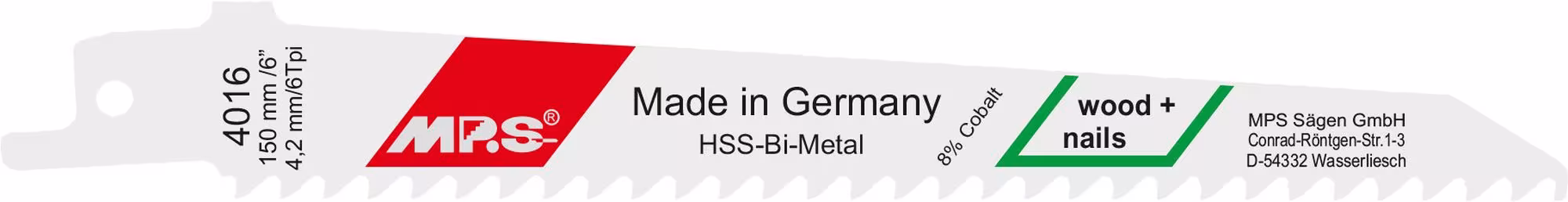 Bi-Metall-Säbelsägeblatt gefräst und geschränkt Gesamtlänge 150/verzahnte Länge 130mm, Zahnteilung 4,2mm aus der Kategorie Säbelsägeblatt mit der GTIN 4028655040161 Bi-Metall-Säbelsägeblatt für Holz nagelfest von der Marke MPS aus der Kategorie Säbelsägeblatt