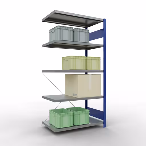 Anbauregal, Fachbodenregal Stecksystem MULTIplus330, 2000 x 1000 x 600 mm (HxBxT), 5 Fachböden, Kreuzstrebe, RAL 5010 enzianblau/verzinkt aus der Kategorie Anbauregal mit der GTIN 4004514250629 Anbauregal, Fachbodenregal Stecksystem MULTIplus330, 2000 x 1000 x 600 mm (HxBxT), 5 Fachböden, Kreuzstrebe, RAL 5010 enzianblau/verzinkt von der Marke Schulte Lagertechnik aus der Produktreihe Stecksystem