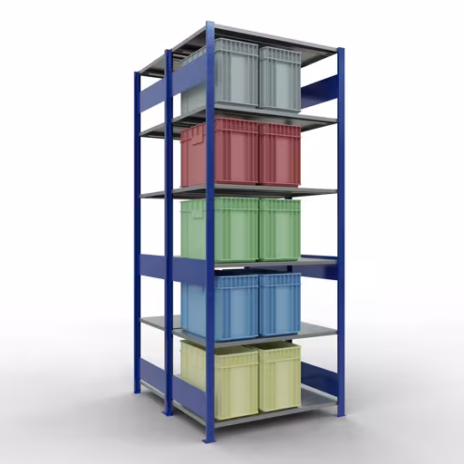 Grundregal, Doppelregal, Fachbodenregal Stecksystem MULTIplus150, 2500 x 1000 x (2x600) mm (HxBxT), 2x6 Fachböden, Längenriegel, RAL 5010 enzianblau von Schulte Lagertechnik aus der Kategorie Fachbodenregale
