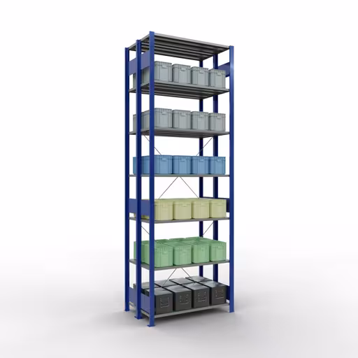 Grundregal, Doppelregal, Fachbodenregal Stecksystem MULTIplus150, 3000 x 1000 x (2x600) mm (HxBxT), 2x7 Fachböden, Kreuzstrebe, RAL 5010 enzianblau von Schulte Lagertechnik aus der Kategorie Fachbodenregale
