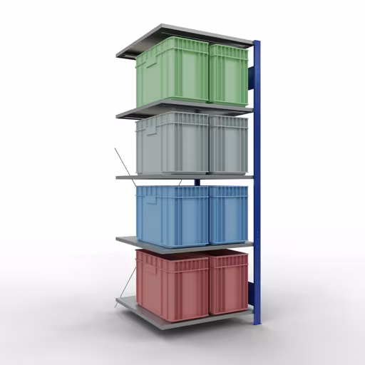 Anbauregal, Fachbodenregal Stecksystem MULTIplus150, 2000 x 750 x 800 mm (HxBxT), 5 Fachböden, Kreuzstrebe, RAL 5010 enzianblau/verzinkt/verzinkt von Schulte Lagertechnik mit der Artikelnr. 12785-75-B