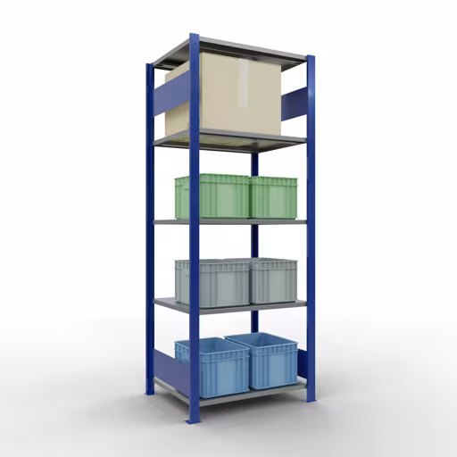 Grundregal, Fachbodenregal Stecksystem MULTIplus150, 2000 x 750 x 600 mm (HxBxT), 5 Fachböden, Längenriegel, RAL 5010 enzianblau/verzinkt/verzinkt von Schulte Lagertechnik aus der Kategorie Stecksystem