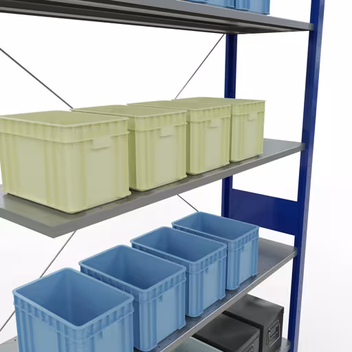 Produktbild Nr.12 des Artikels Anbauregal, Fachbodenregal Stecksystem MULTIplus150, 3000 x 1300 x 400 mm (HxBxT), 7 Fachböden, Kreuzstrebe, RAL 5010 enzianblau/verzinkt aus der Produktreihe Stecksystem von der Marke Schulte Lagertechnik
