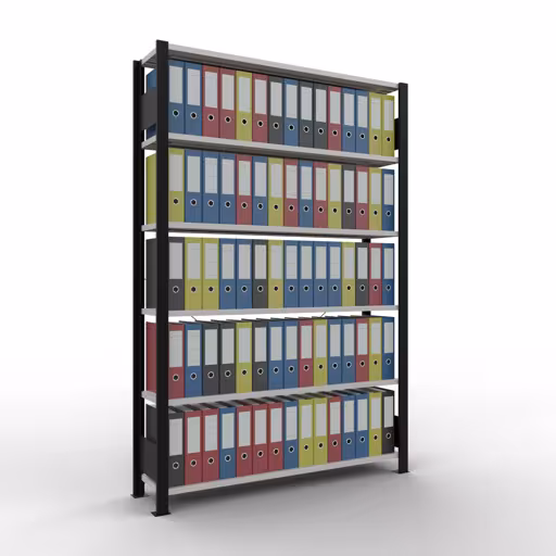 Produktbild Nr 11 des Artikels Grundregal, Büro-Fachbodenregal Stecksystem MULTIplus85, 2000 x 1300 x 300 mm (HxBxT), 6 Fachböden, Kreuzstrebe, ohne Anschlagleiste, schwarz/lichtgrau Abbildung Nr 11 des Artikels Grundregal, Büro-Fachbodenregal Stecksystem MULTIplus85, 2000 x 1300 x 300 mm (HxBxT), 6 Fachböden, Kreuzstrebe, ohne Anschlagleiste, schwarz/lichtgrau aus der Produktgruppe Büroregale von der Marke Schulte Lagertechnik