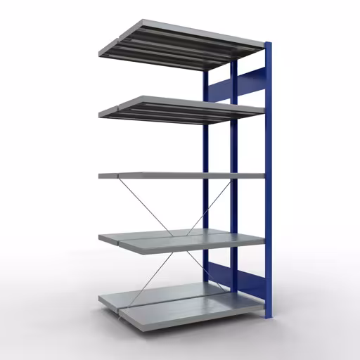 Anbauregal, Doppelregal, Fachbodenregal Stecksystem MULTIplus250, 2000 x 1000 x (2x400) mm (HxBxT), 2x5 Fachböden, Kreuzstrebe, RAL 5010 enzianblau aus der Kategorie Doppelregale mit der Artikelnummer 32145-A-B