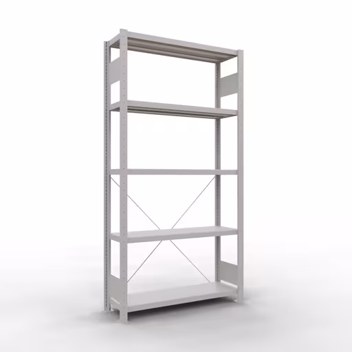 Grundregal, Fachbodenregal Stecksystem MULTIplus250, 2000 x 1000 x 300 mm (HxBxT), 5 Fachböden, Kreuzstrebe, RAL 7035 lichtgrau aus der Kategorie Grundregal mit der Artikelnummer 32830