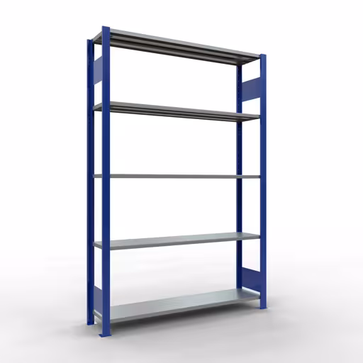 Grundregal, Fachbodenregal Stecksystem MULTIplus150, 2000 x 1300 x 300 mm (HxBxT), 5 Fachböden, Längenriegel, RAL 5010 enzianblau/verzinkt aus der Kategorie Grundregal mit der Artikelnummer 12730-130-LR-B