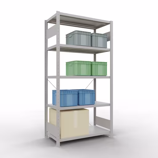 Grundregal, Fachbodenregal Stecksystem MULTIplus330, 2000 x 1000 x 500 mm (HxBxT), 5 Fachböden, Kreuzstrebe, RAL 7035 lichtgrau von Schulte Lagertechnik mit der Artikelnr. 33850