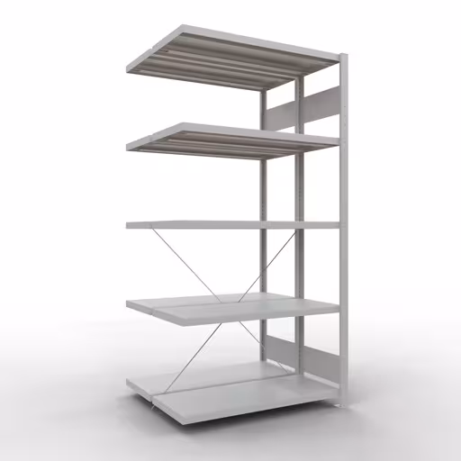 Anbauregal, Doppelregal, Fachbodenregal Stecksystem MULTIplus250, 2000 x 1000 x (2x400) mm (HxBxT), 2x5 Fachböden, Kreuzstrebe, RAL 7035 lichtgrau aus der Kategorie Doppelregale mit der Artikelnummer 32145-A