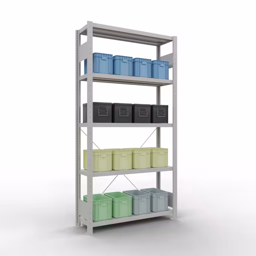 Grundregal, Fachbodenregal Stecksystem MULTIplus330, 2000 x 1000 x 300 mm (HxBxT), 5 Fachböden, Kreuzstrebe, RAL 7035 lichtgrau von der Marke Schulte Lagertechnik aus der Produktreihe Stecksystem