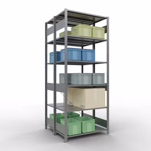 Produktbild Nr 14 des Artikels Grundregal, Doppelregal, Fachbodenregal Stecksystem MULTIplus150, 2500 x 1000 x (2x500) mm (HxBxT), 2x6 Fachböden, Kreuzstrebe, verzinkt Abbildung Nr 14 des Artikels Grundregal, Doppelregal, Fachbodenregal Stecksystem MULTIplus150, 2500 x 1000 x (2x500) mm (HxBxT), 2x6 Fachböden, Kreuzstrebe, verzinkt aus der Produktgruppe Fachbodenregale von der Marke Schulte Lagertechnik