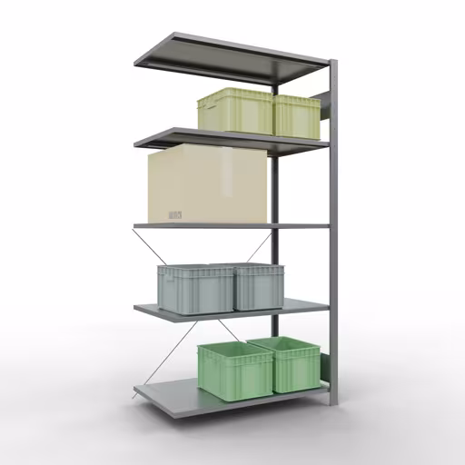 Anbauregal, Fachbodenregal Stecksystem MULTIplus85, 2000 x 1000 x 600 mm (HxBxT), 5 Fachböden, Kreuzstrebe, verzinkt von Schulte Lagertechnik mit der Artikelnr. 13165