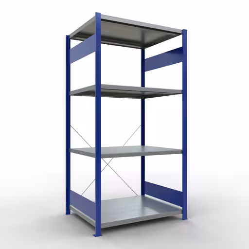 Grundregal, Fachbodenregal Stecksystem MULTIplus330, 2000 x 1000 x 800 mm (HxBxT), 5 Fachböden, Kreuzstrebe, RAL 5010 enzianblau/verzinkt aus der Kategorie Grundregal mit der Artikelnummer 13980-B