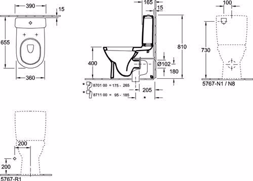 Technische Zeichnung 4042037 VILLEROY & BOCH Tiefspül-WC für Kombination O.novo 360x640mm Oval Weiß Alpin