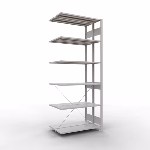 Anbauregal, Doppelregal, Fachbodenregal Stecksystem MULTIplus150, 2500 x 1000 x (2x300) mm (HxBxT), 2x6 Fachböden, Kreuzstrebe, RAL 7035 lichtgrau aus der Kategorie Doppelregale mit der Artikelnummer 32736