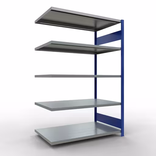 Anbauregal, Fachbodenregal Stecksystem MULTIplus250, 2000 x 1300 x 800 mm (HxBxT), 5 Fachböden, Längenriegel, RAL 5010 enzianblau/verzinkt aus der Kategorie Anbauregal mit der Artikelnummer 12985-130-LR-B