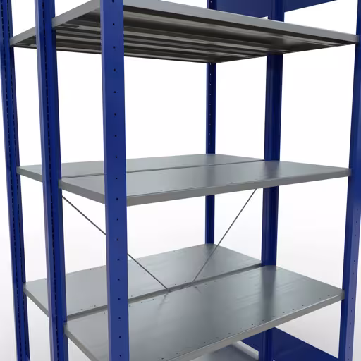 Produktbild Nr.7 des Artikels Grundregal, Doppelregal, Fachbodenregal Stecksystem MULTIplus150, 2000 x 1000 x (2x400) mm (HxBxT), 2x5 Fachböden, Kreuzstrebe, RAL 5010 enzianblau aus der Produktreihe Fachbodenregale von der Marke Schulte Lagertechnik