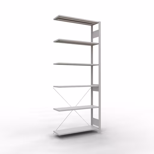Anbauregal, Fachbodenregal Stecksystem MULTIplus85, 2500 x 1000 x 300 mm (HxBxT), 6 Fachböden, Kreuzstrebe, RAL 7035 lichtgrau aus der Kategorie Anbauregal mit der Artikelnummer 33036