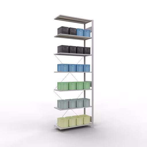 Anbauregal, Fachbodenregal Stecksystem MULTIplus85, 3000 x 1000 x 400 mm (HxBxT), 7 Fachböden, Kreuzstrebe, RAL 7035 lichtgrau von der Marke Schulte Lagertechnik aus der Produktreihe Stecksystem