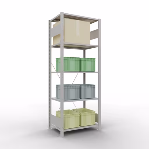 Grundregal, Fachbodenregal Stecksystem MULTIplus150, 2000 x 750 x 500 mm (HxBxT), 5 Fachböden, Kreuzstrebe, RAL 7035 lichtgrau von Schulte Lagertechnik mit der Artikelnr. 32650-75