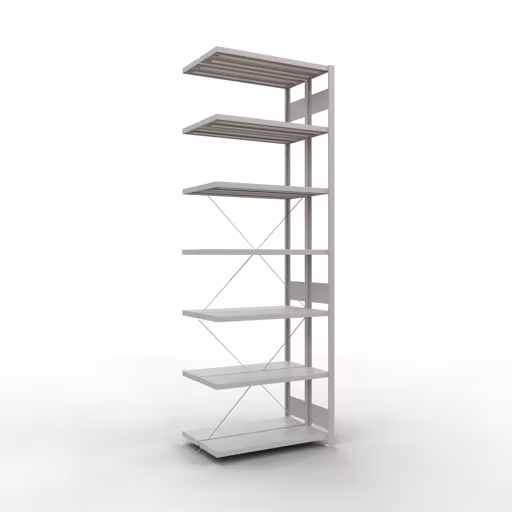 Anbauregal, Doppelregal, Fachbodenregal Stecksystem MULTIplus250, 3000 x 1000 x (2x300) mm (HxBxT), 2x7 Fachböden, Kreuzstrebe, RAL 7035 lichtgrau aus der Kategorie Doppelregale mit der Artikelnummer 32137-A