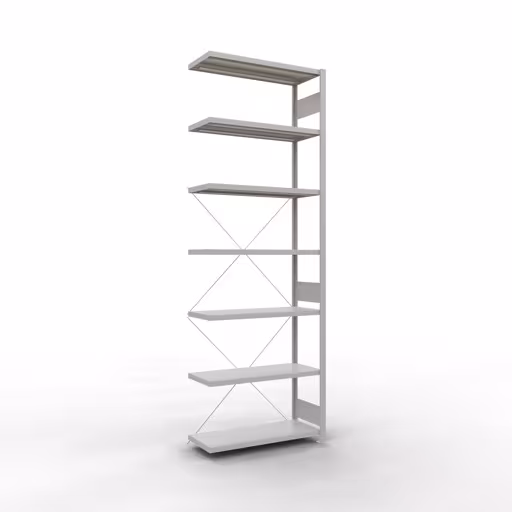 Anbauregal, Fachbodenregal Stecksystem MULTIplus330, 3000 x 1000 x 400 mm (HxBxT), 7 Fachböden, Kreuzstrebe, RAL 7035 lichtgrau aus der Kategorie Anbauregal mit der Artikelnummer 33847