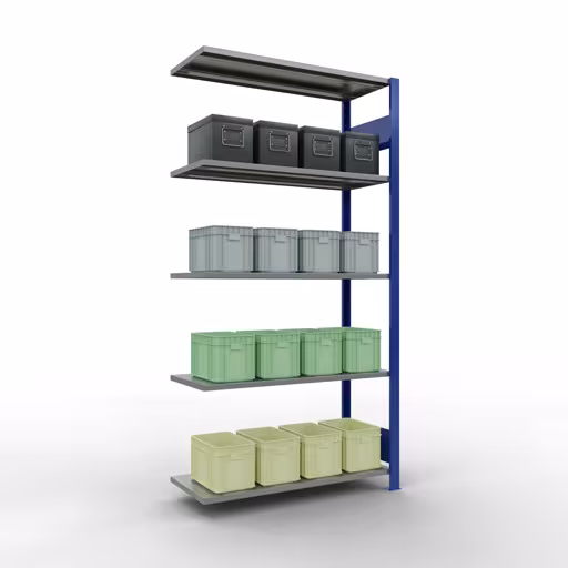 Abbildung Nr 12 des Artikels Anbauregal, Fachbodenregal Stecksystem MULTIplus85, 2000 x 1000 x 400 mm (HxBxT), 5 Fachböden, Längenriegel, RAL 5010 enzianblau aus der Produktgruppe Stecksystem von der Marke Schulte Lagertechnik