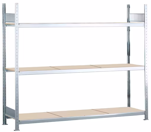 Grundregal, Weitspannregal WS 2000 mit Spanplatten, 2000 x 2500 x 800 mm (HxBxT), verzinkt, 3 Ebenen, Fachlast 400 kg, Feldlast 1.200 kg aus der Kategorie WS2000 für Fachlasten bis 400kg mit der Artikelnummer 15576