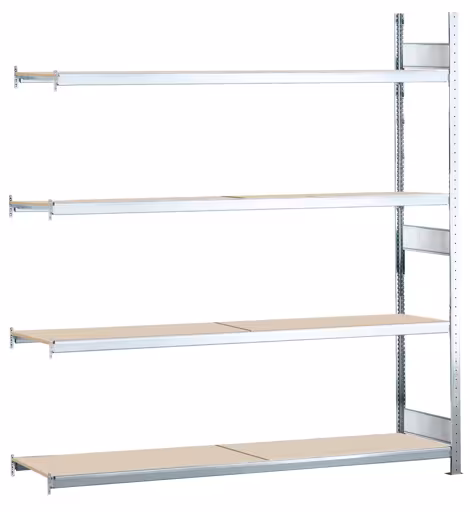 Anbauregal, Weitspannregal WS 2000 mit Spanplatten, 2500 x 1500 x 400 mm (HxBxT), verzinkt, 4 Ebenen, Fachlast 400 kg, Feldlast 1.600 kg aus der Kategorie WS2000 für Fachlasten bis 400kg mit der Artikelnummer 15621