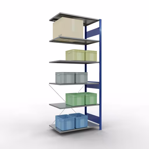 Abbildung Nr 9 des Artikels Anbauregal, Fachbodenregal Stecksystem MULTIplus85, 2500 x 1000 x 600 mm (HxBxT), 6 Fachböden, Kreuzstrebe, RAL 5010 enzianblau aus der Produktgruppe Stecksystem von der Marke Schulte Lagertechnik