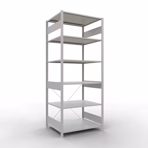 Grundregal, Fachbodenregal Stecksystem MULTIplus150, 2500 x 1000 x 800 mm (HxBxT), 6 Fachböden, Kreuzstrebe, RAL 7035 lichtgrau aus der Kategorie Grundregal mit der Artikelnummer 32681