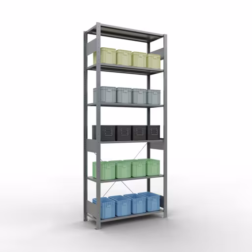 Grundregal, Fachbodenregal Stecksystem MULTIplus85, 2500 x 1000 x 400 mm (HxBxT), 6 Fachböden, Kreuzstrebe, verzinkt von Schulte Lagertechnik mit der Artikelnr. 13141