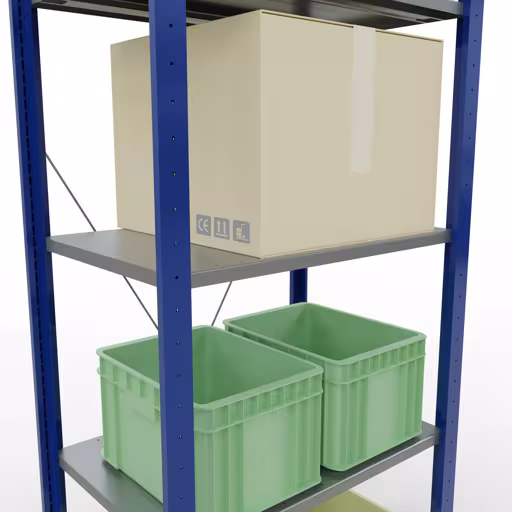 Grundregal, Fachbodenregal Stecksystem MULTIplus150, 2000 x 750 x 500 mm (HxBxT), 5 Fachböden, Kreuzstrebe, RAL 5010 enzianblau/verzinkt/verzinkt von Schulte Lagertechnik aus der Kategorie Stecksystem