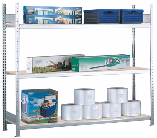 Abbildung Nr 14 des Artikels Grundregal, Weitspannregal WS 2000 mit Spanplatten, 2000 x 2000 x 500 mm (HxBxT), verzinkt, 3 Ebenen, Fachlast 400 kg, Feldlast 1.200 kg aus der Produktgruppe Weitspannregale von der Marke Schulte Lagertechnik