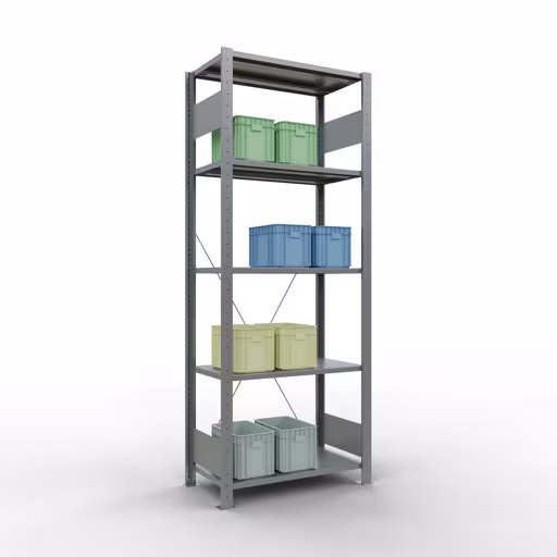 Grundregal, Fachbodenregal Stecksystem MULTIplus150, 2000 x 750 x 400 mm (HxBxT), 5 Fachböden, Kreuzstrebe, verzinkt von Schulte Lagertechnik aus der Kategorie Stecksystem