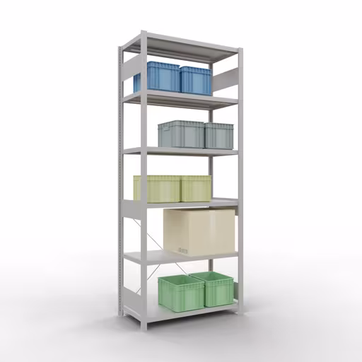 Grundregal, Fachbodenregal Stecksystem MULTIplus250, 2500 x 1000 x 500 mm (HxBxT), 6 Fachböden, Kreuzstrebe, RAL 7035 lichtgrau von Schulte Lagertechnik mit der Artikelnr. 32851