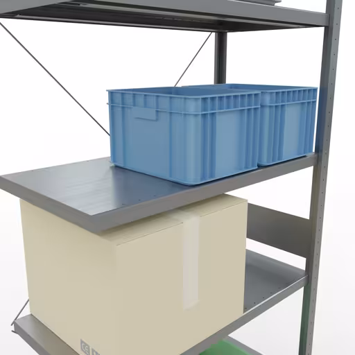 Produktbild Nr.8 des Artikels Anbauregal, Fachbodenregal Stecksystem MULTIplus250, 3000 x 1000 x 500 mm (HxBxT), 7 Fachböden, Kreuzstrebe, verzinkt aus der Produktreihe Stecksystem von der Marke Schulte Lagertechnik