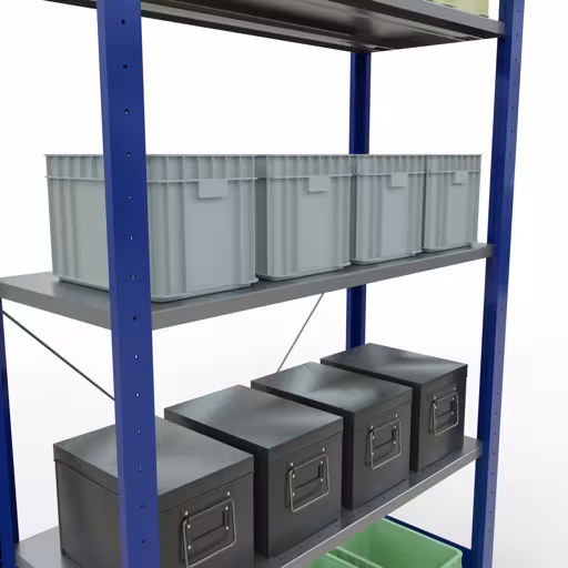 Produktbild Nr.15 des Artikels Grundregal, Fachbodenregal Stecksystem MULTIplus150, 2000 x 1000 x 400 mm (HxBxT), 5 Fachböden, Kreuzstrebe, RAL 5010/verzinkt aus der Produktreihe Stecksystem von der Marke Schulte Lagertechnik