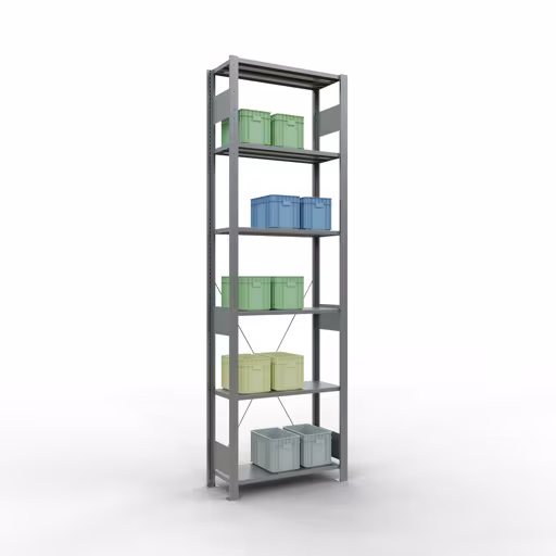 Andere Ansicht des Artikels Grundregal, Fachbodenregal Stecksystem MULTIplus150, 2500 x 750 x 300 mm (HxBxT), 6 Fachböden, Kreuzstrebe, verzinkt aus der Kategorie Stecksystem