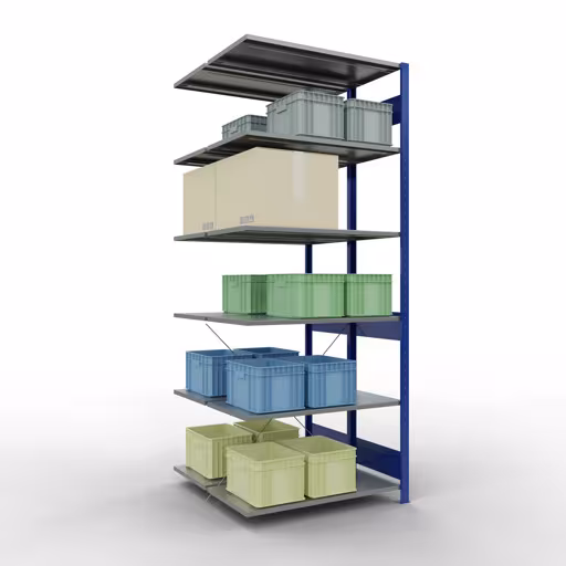 Anbauregal, Doppelregal, Fachbodenregal Stecksystem MULTIplus150, 2500 x 1000 x (2x500) mm (HxBxT), 2x6 Fachböden, Kreuzstrebe, RAL 5010 enzianblau von Schulte Lagertechnik aus der Kategorie Fachbodenregale