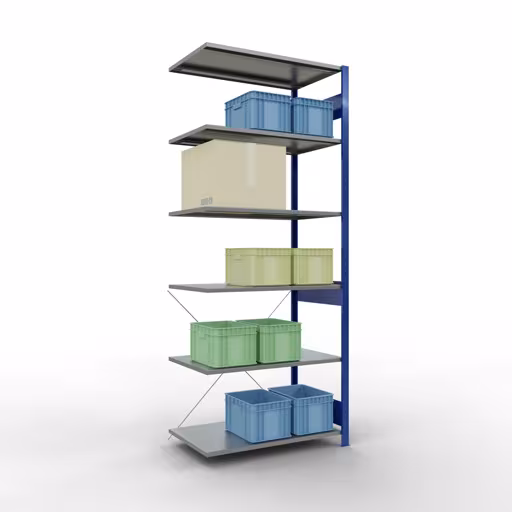 Produktbild Nr.14 des Artikels Anbauregal, Fachbodenregal Stecksystem MULTIplus150, 2500 x 1000 x 600 mm (HxBxT), 6 Fachböden, Kreuzstrebe, RAL 5010/verzinkt aus der Produktreihe Stecksystem von der Marke Schulte Lagertechnik
