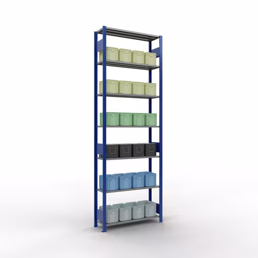Abbildung Nr 12 des Artikels Grundregal, Fachbodenregal Stecksystem MULTIplus85, 3000 x 1000 x 300 mm (HxBxT), 7 Fachböden, Längenriegel, RAL 5010 enzianblau aus der Produktgruppe Stecksystem von der Marke Schulte Lagertechnik