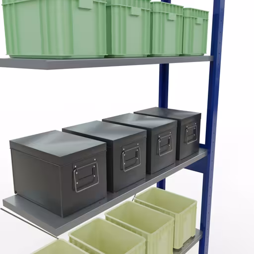 Andere Ansicht des Artikels Anbauregal, Fachbodenregal Stecksystem MULTIplus150, 2500 x 1000 x 300 mm (HxBxT), 6 Fachböden, Kreuzstrebe, RAL 5010/verzinkt aus der Kategorie Stecksystem