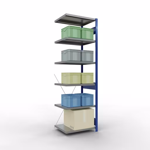 Abbildung Nr 13 des Artikels Anbauregal, Fachbodenregal Stecksystem MULTIplus250, 2500 x 750 x 600 mm (HxBxT), 6 Fachböden, Kreuzstrebe, RAL 5010 enzianblau/verzinkt/verzinkt aus der Produktgruppe Stecksystem von der Marke Schulte Lagertechnik