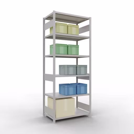 Abbildung Nr 12 des Artikels Grundregal, Fachbodenregal Stecksystem MULTIplus330, 2500 x 1000 x 600 mm (HxBxT), 6 Fachböden, Längenriegel, RAL 7035 lichtgrau aus der Produktgruppe Stecksystem von der Marke Schulte Lagertechnik