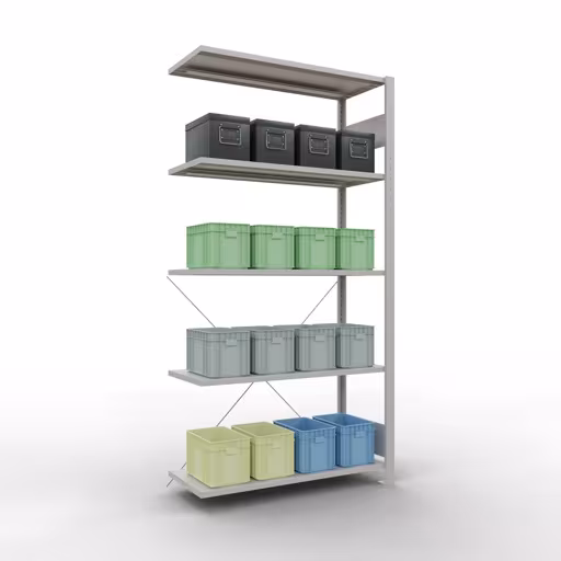 Abbildung Nr 14 des Artikels Anbauregal, Fachbodenregal Stecksystem MULTIplus150, 2000 x 1000 x 400 mm (HxBxT), 5 Fachböden, Kreuzstrebe, RAL 7035 lichtgrau aus der Produktgruppe Stecksystem von der Marke Schulte Lagertechnik