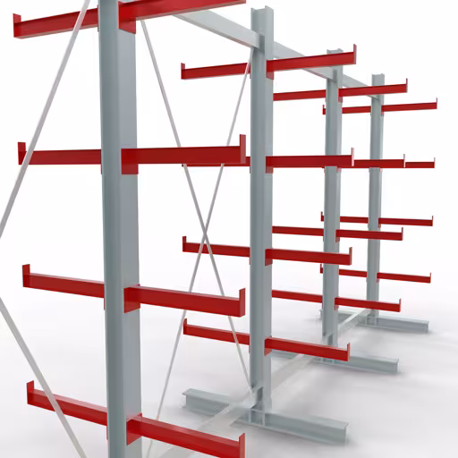 Abbildung Nr 7 des Artikels K 3000 Komplettregal, doppelseitig, 2500 x 5200 x 500 mm, RAL 7001 / RAL 3000, 5 Lagerebenen aus der Produktgruppe Kragarmregale von der Marke Schulte Lagertechnik