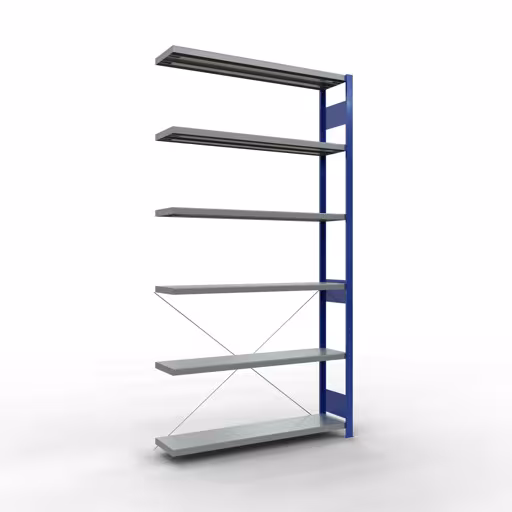 Anbauregal, Fachbodenregal Stecksystem MULTIplus250, 2500 x 1300 x 300 mm (HxBxT), 6 Fachböden, Kreuzstrebe, RAL 5010 enzianblau/verzinkt aus der Kategorie Anbauregal mit der Artikelnummer 12936-130-B
